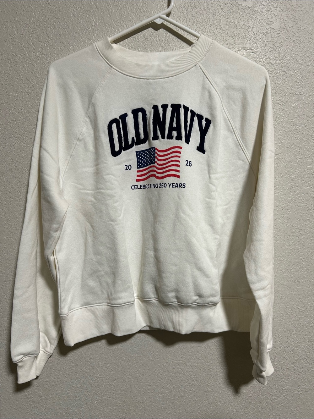 Old Navy Cream Crewneck with Red, Navy and White Flag Graphic